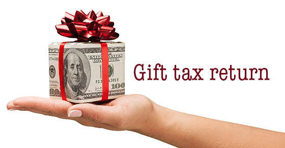 Dollar bill gift box in red with "gift tax return" heading